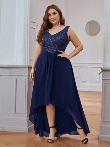 Elegant Paillette & Chiffon V-neck A-line Sleeveless Plus Size Formal Evening Dresses - Navy Blue