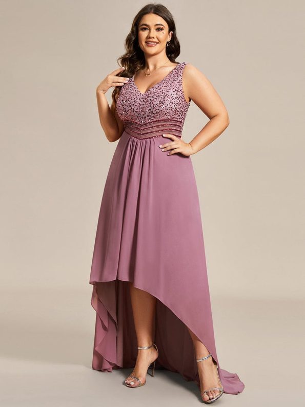 Elegant Paillette & Chiffon V-neck A-line Sleeveless Plus Size Formal Evening Dresses - Purple Orchid