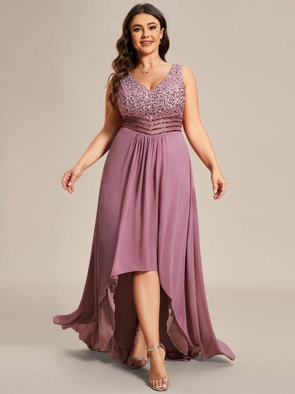 Elegant Paillette & Chiffon V-neck A-line Sleeveless Plus Size Formal Evening Dresses - Purple Orchid