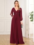 Elegant Chiffon V-Neckline Long Sleeve Formal Evening Dress – Burgundy