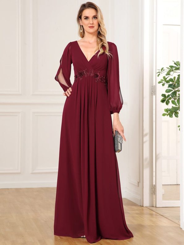 Elegant Chiffon V-Neckline Long Sleeve Formal Evening Dress - Burgundy