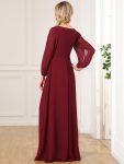 Elegant Chiffon V-Neckline Long Sleeve Formal Evening Dress – Burgundy