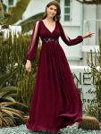 Elegant Chiffon V-Neckline Long Sleeve Formal Evening Dress – Burgundy