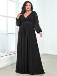 Elegant Chiffon V-Neckline Long Sleeve Formal Evening Dress – Black