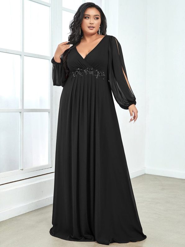 Elegant Chiffon V-Neckline Long Sleeve Formal Evening Dress - Black