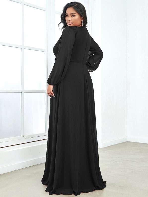 Elegant Chiffon V-Neckline Long Sleeve Formal Evening Dress - Black