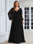 Elegant Chiffon V-Neckline Long Sleeve Formal Evening Dress – Black