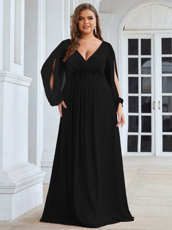 Elegant Chiffon V-Neckline Long Sleeve Formal Evening Dress - Black