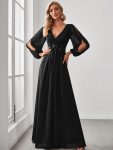 Elegant Chiffon V-Neckline Long Sleeve Formal Evening Dress – Black