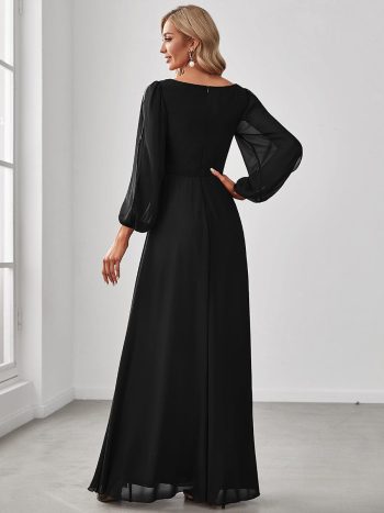 Elegant Chiffon V-Neckline Long Sleeve Formal Evening Dress - Black