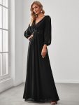 Elegant Chiffon V-Neckline Long Sleeve Formal Evening Dress – Black