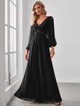 Elegant Chiffon V-Neckline Long Sleeve Formal Evening Dress – Black