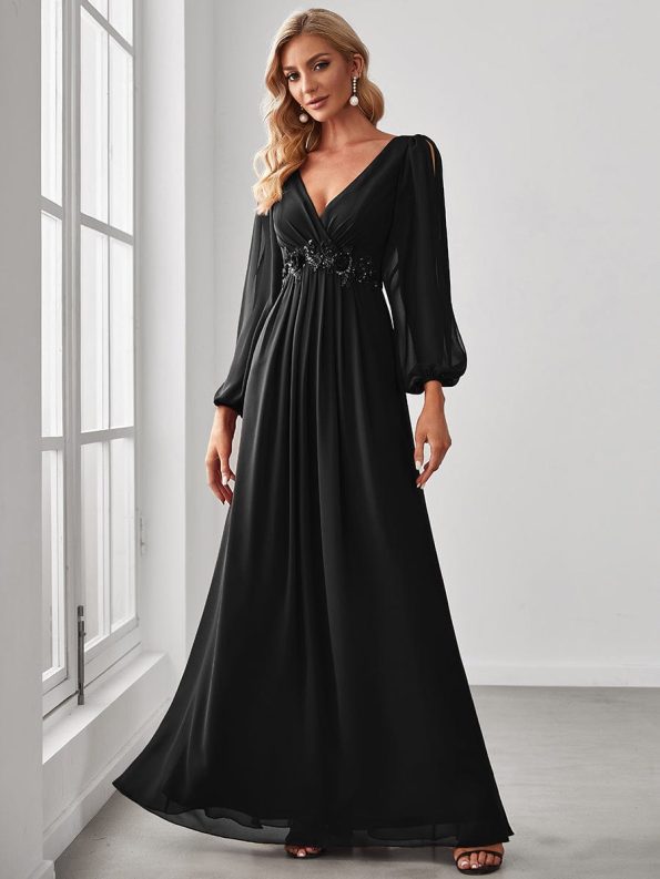 Elegant Chiffon V-Neckline Long Sleeve Formal Evening Dress - Black