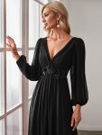 Elegant Chiffon V-Neckline Long Sleeve Formal Evening Dress – Black