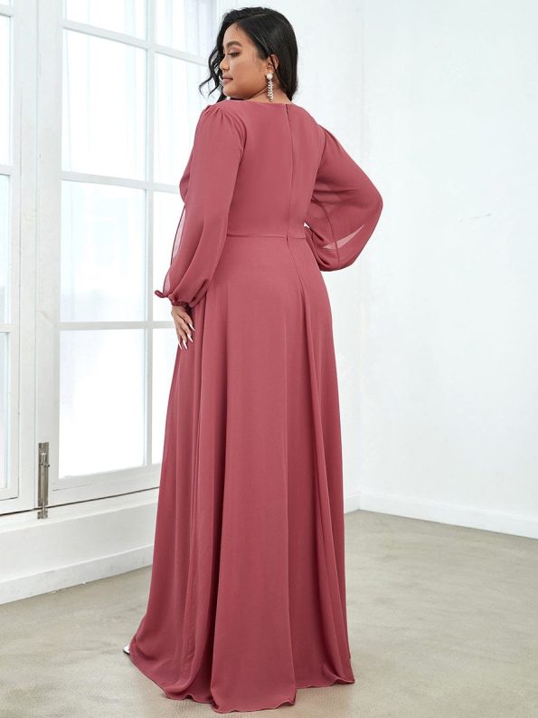 Elegant Chiffon V-Neckline Long Sleeve Formal Evening Dress - Cameo Brown