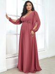 Elegant Chiffon V-Neckline Long Sleeve Formal Evening Dress – Cameo Brown