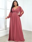 Elegant Chiffon V-Neckline Long Sleeve Formal Evening Dress – Cameo Brown