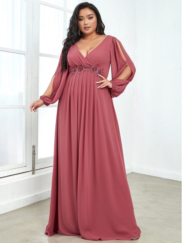 Elegant Chiffon V-Neckline Long Sleeve Formal Evening Dress - Cameo Brown