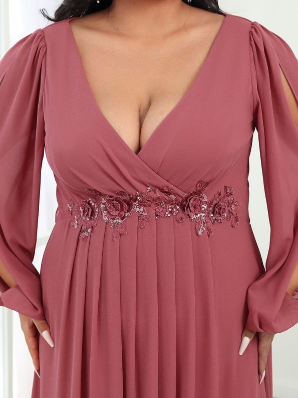 Elegant Chiffon V-Neckline Long Sleeve Formal Evening Dress - Cameo Brown