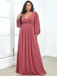 Elegant Chiffon V-Neckline Long Sleeve Formal Evening Dress – Cameo Brown