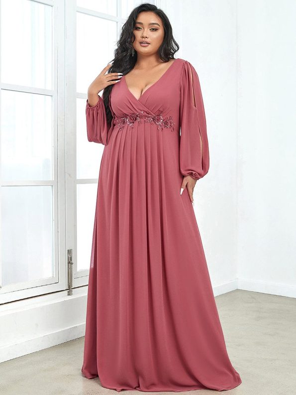 Elegant Chiffon V-Neckline Long Sleeve Formal Evening Dress - Cameo Brown