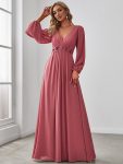 Elegant Chiffon V-Neckline Long Sleeve Formal Evening Dress – Cameo Brown