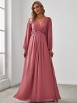 Elegant Chiffon V-Neckline Long Sleeve Formal Evening Dress – Cameo Brown