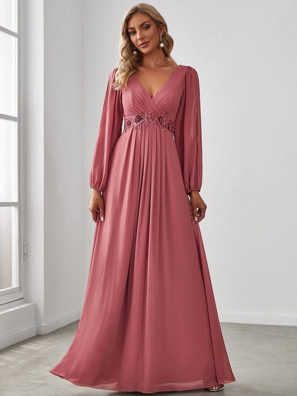 Elegant Chiffon V-Neckline Long Sleeve Formal Evening Dress - Cameo Brown