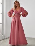 Elegant Chiffon V-Neckline Long Sleeve Formal Evening Dress – Cameo Brown