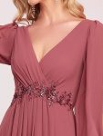 Elegant Chiffon V-Neckline Long Sleeve Formal Evening Dress – Cameo Brown