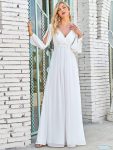 Elegant Chiffon V-Neckline Long Sleeve Formal Evening Dress – Cream