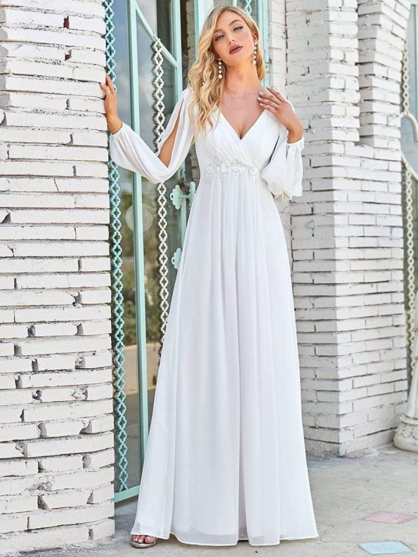 Elegant Chiffon V-Neckline Long Sleeve Formal Evening Dress - Cream