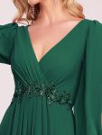 Elegant Chiffon V-Neckline Long Sleeve Formal Evening Dress – Dark Green