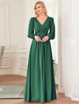 Elegant Chiffon V-Neckline Long Sleeve Formal Evening Dress – Dark Green