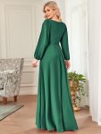 Elegant Chiffon V-Neckline Long Sleeve Formal Evening Dress – Dark Green