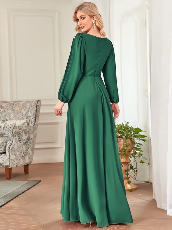 Elegant Chiffon V-Neckline Long Sleeve Formal Evening Dress - Dark Green