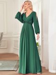 Elegant Chiffon V-Neckline Long Sleeve Formal Evening Dress – Dark Green