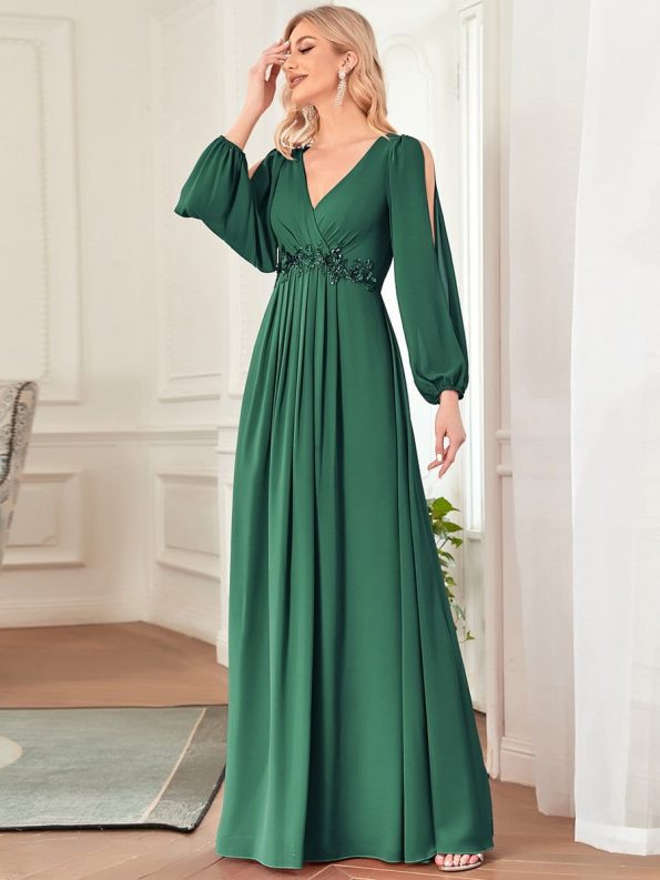 Elegant Chiffon V-Neckline Long Sleeve Formal Evening Dress - Dark Green