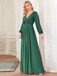 Elegant Chiffon V-Neckline Long Sleeve Formal Evening Dress – Dark Green