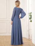 Elegant Chiffon V-Neckline Long Sleeve Formal Evening Dress – Dusty Navy