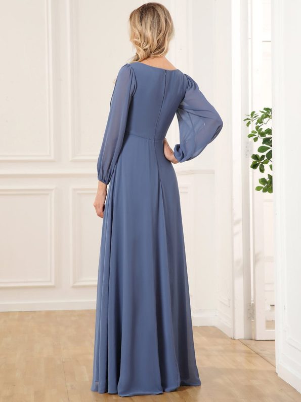 Elegant Chiffon V-Neckline Long Sleeve Formal Evening Dress - Dusty Navy