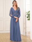 Elegant Chiffon V-Neckline Long Sleeve Formal Evening Dress – Dusty Navy