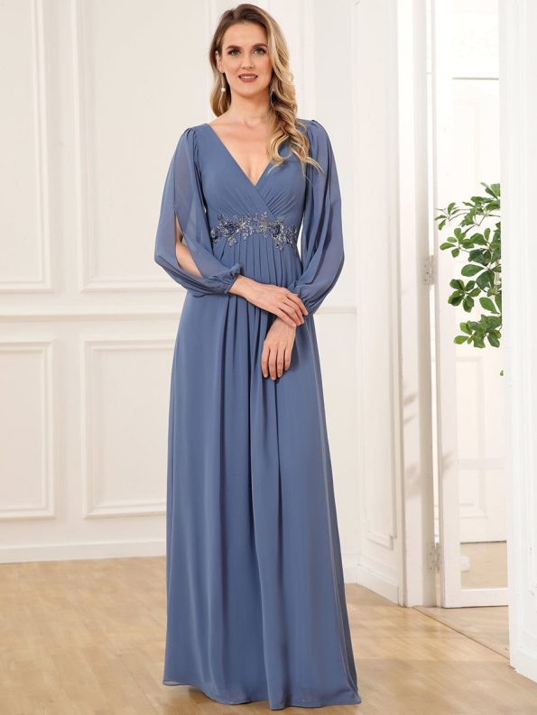 Elegant Chiffon V-Neckline Long Sleeve Formal Evening Dress - Dusty Navy