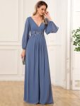 Elegant Chiffon V-Neckline Long Sleeve Formal Evening Dress – Dusty Navy