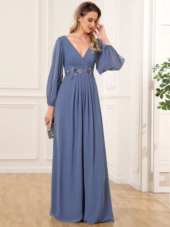 Elegant Chiffon V-Neckline Long Sleeve Formal Evening Dress - Dusty Navy