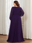 Elegant Chiffon V-Neckline Long Sleeve Formal Evening Dress – Dark Purple