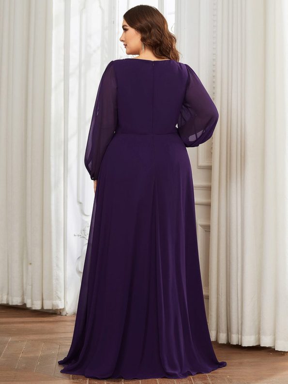 Elegant Chiffon V-Neckline Long Sleeve Formal Evening Dress - Dark Purple