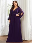 Elegant Chiffon V-Neckline Long Sleeve Formal Evening Dress – Dark Purple