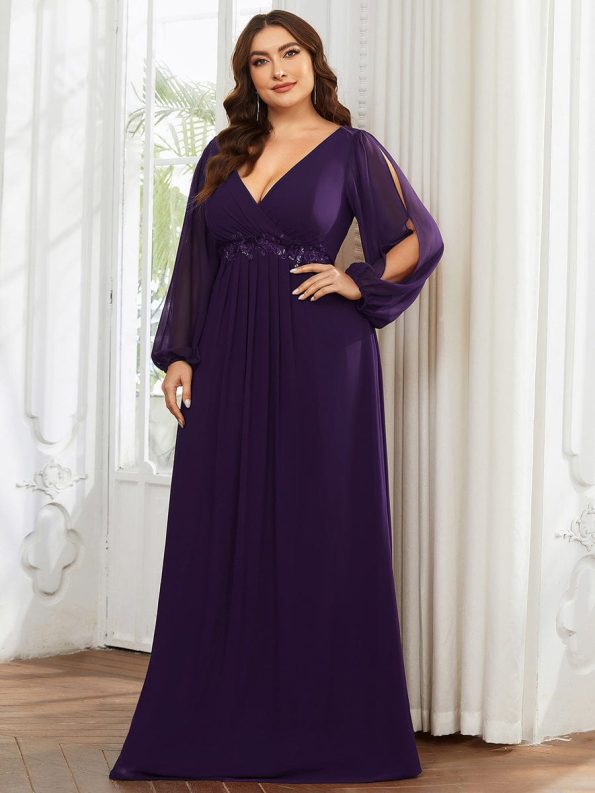 Elegant Chiffon V-Neckline Long Sleeve Formal Evening Dress - Dark Purple