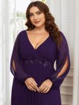 Elegant Chiffon V-Neckline Long Sleeve Formal Evening Dress – Dark Purple